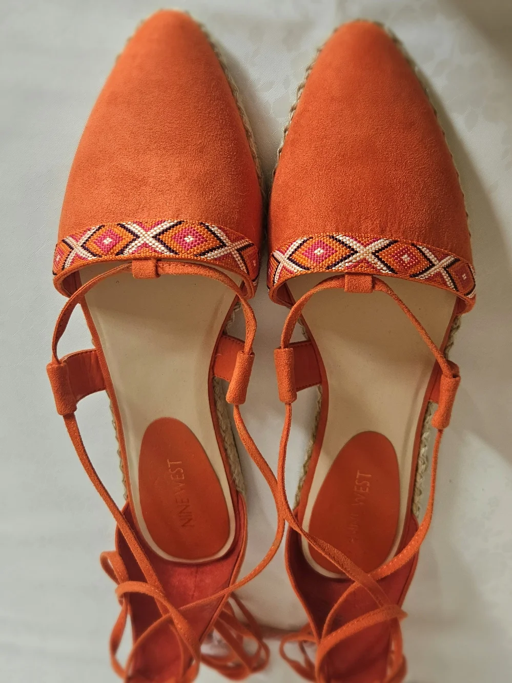Nine West Women's Orange Suede Espadrille Flats Lace Up Pointed Toe Size 8.5